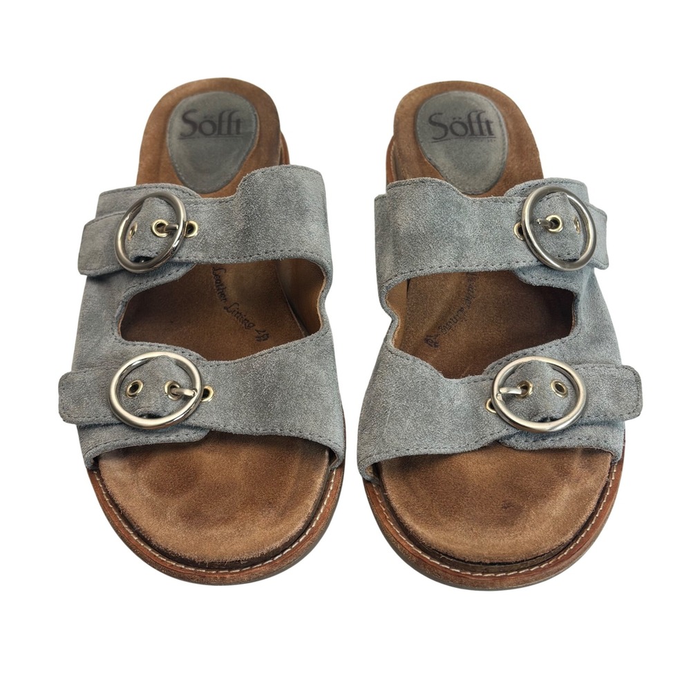 Sofft Mirabelle Sandals Women 8M Blue Gray Suede Double Buckle Slide Comfort